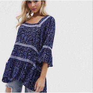 Free People Oversized Flowy Boho Floral Talk About It Tunic Top -Size Small